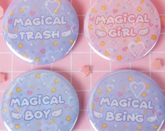 Magical Girl/Boy/Being/Trash Button Badge | Kawaii Holographic Pinback Pin | Love Heart Sparkly Aesthetic | Anime Inspired | 58mm/32mm