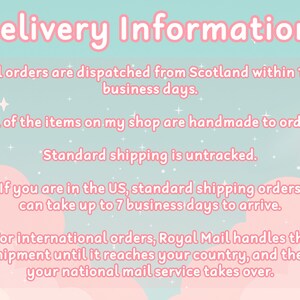 Op de afbeelding: Een pastelkleurige afbeelding met de tekst "Delivery Information!" in roze. De tekst beschrijft de verzendtijden, handgemaakte items, niet-traceerbare verzending en internationale verzenddetails.