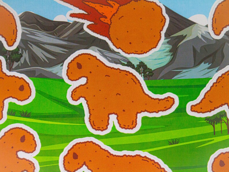 May include: A set of colorful stickers featuring cartoon dinosaurs and a meteor, all shaped like fried chicken. The stickers are on a green and brown background.