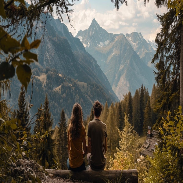 couple sits on the terrace in the Mountains