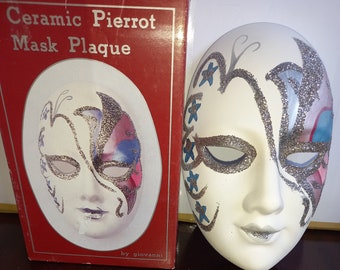 Pierrot Mask | Ceramic Face Plaque | Hanging Wall Mask - Boxed - Vintage