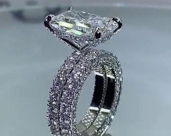 3 Ct Radiant Moissanite Engagement Ring,Radiant Bridal Ring Set, Wedding Ring Set, Hidden Halo 925 Sterling Silver Wedding Bridal Ring Set