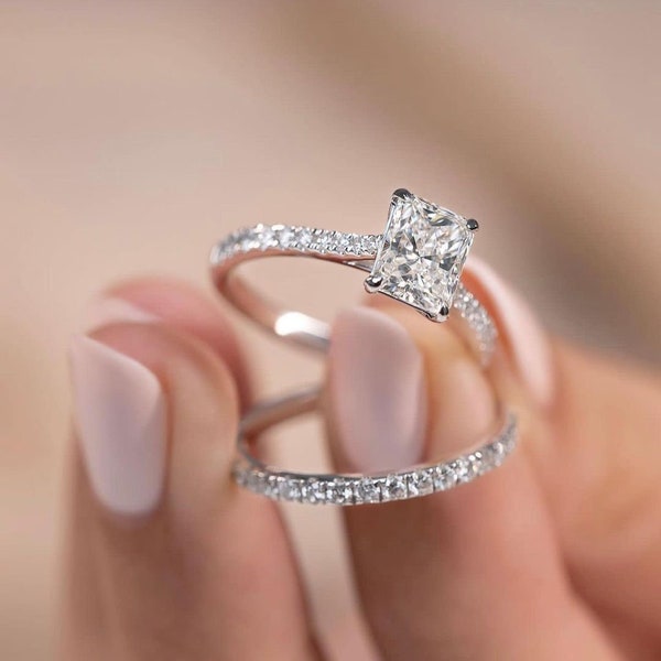 1.50 CT Radiant Cut Moissanite Engagement Diamond Ring Bridal Set Gift For Her Wedding Band Promise Ring, Unique Engagement Ring Set