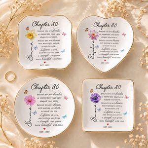 80th Birthday Gift for Women, Custom Birth Flower Jewelry Dish, Personalized 80th Birthday Trinket Tray, Chapter 80 Gift for Her