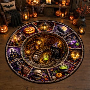 Puede incluir: Una alfombra redonda con una ilustración 3D de una escalera de caracol de piedra con un gato negro con sombrero morado, un fantasma y un caldero burbujeante. El borde contiene paneles con calabazas, un cuervo, una casa encantada y velas.