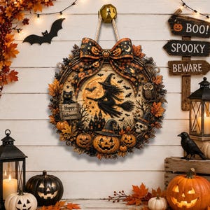 May include: A round Halloween wreath featuring a central illustration of a witch on a broomstick against a full moon, surrounded by pumpkins, a black cat, an owl, and a skull. The wreath is topped with a plaid bow and text reading Happy Halloween.