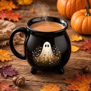 Könnte beinhalten: Eine schwarze, kesselartige Keramiktasse mit rundem Körper und drei kleinen Füßen. Auf der Vorderseite befindet sich eine Grafik eines weißen Geistes, umgeben von bunten herbstlichen Wildblumen. Dampf steigt aus dem Heißgetränk.