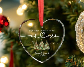 Personalized Married First Christmas Glass Heart Ornament, Couples Ornament Keepsake, Wedding Ornament, First Christmas as Mr Mrs Ornament