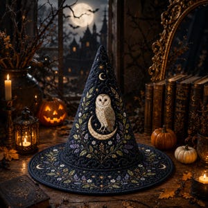 May include: A dark navy blue quilted witch hat featuring intricate embroidery of a white barn owl perched on a crescent moon, surrounded by botanical motifs, small stars, and moon phases, with a wide brim and a tall, pointed conical crown.
