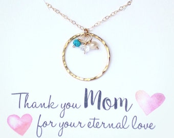 Three Birthstone Necklace, Mom Birthday Gift, Grandma Necklace, Mom Necklace, Mother Birthstone Necklace Gold Eternity Circle Three Children