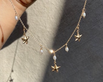 14k gold fill Starfish necklace, Beach wedding necklace, gold pearl necklace, freshwater pearl bridal necklace, pearl bridesmaid necklace