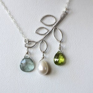 Mothers Day Gift for Mom, Mom Necklace, Birthstone Necklace, Family Tree Necklace, Leaf, Children's Birthstones, Six Birthstones, Silver