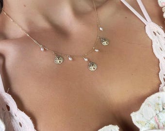 14k gold fill Sand Dollar necklace, Beach wedding necklace, gold pearl necklace, freshwater pearl bridal necklace, pearl bridesmaid necklace