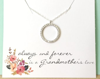 Grandma Necklace, Grandmother Necklace, Grandma gift, Circle Necklace, Cubic Zirconia, Thank you Gift, Circle Pendant, Silver Gold Circle