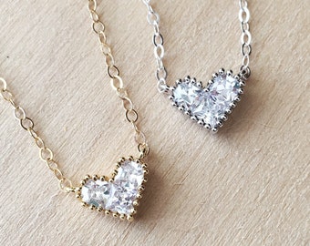 Bridesmaid Necklace, Bridesmaid Jewelry, Heart Jewelry, Diamond Heart Necklace, Cubic Zirconia Heart Pendant, Bridal Necklace, Tiny Gold CZ