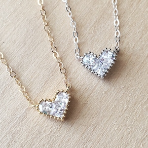 Bridesmaid Necklace, Bridesmaid Jewelry, Heart Jewelry, Diamond Heart Necklace, Cubic Zirconia Heart Pendant, Bridal Necklace, Tiny Gold CZ image 1