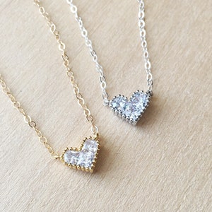 Bridesmaid Necklace, Bridesmaid Jewelry, Heart Jewelry, Diamond Heart Necklace, Cubic Zirconia Heart Pendant, Bridal Necklace, Tiny Gold CZ image 2