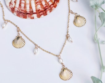 14k gold fill Sea Shell necklace, Beach wedding necklace, gold pearl necklace, freshwater pearl bridal necklace, pearl bridesmaid necklace