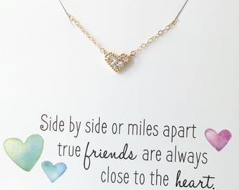 Diamond Heart Necklace, Gold heart Necklace, Best Friend Necklace, Friend Gift, Long Distance Friends, Birthday gift for her, Tiny Heart