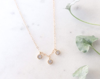 Past Present Future Necklace, Minimal Gold Necklace, Tiny dot necklace, Diamond Necklace, Three Stone Necklace, Cubic Zirconia 14k Gold fill