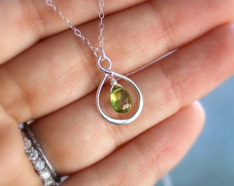 Peridot Infinity Necklace, Teardrop Peridot Birthstone, Silver Infinity Pendant, August Birthstone, Birthday Gift, Eternity Necklace