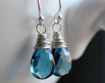 London Blue Topaz Earrings, December Birthstone, December Birthday, Sterling Silver Wire Wrapped Briolette Earrings, Faceted Gemstone Drop