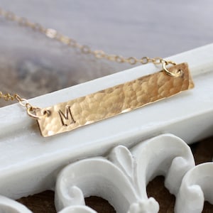 Gold Bar Necklace, Initial Necklace, Monogram, Small, Dainty, Hammered, Typewriter Font, Everyday Necklace, Mother's Necklace, 14k gold fill