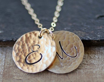 Gold Initial Necklace, Personalized Birthday gift for Mom, Mom Necklace, Gold Two Initial Necklace, Two Letters, Hammered, Large Font