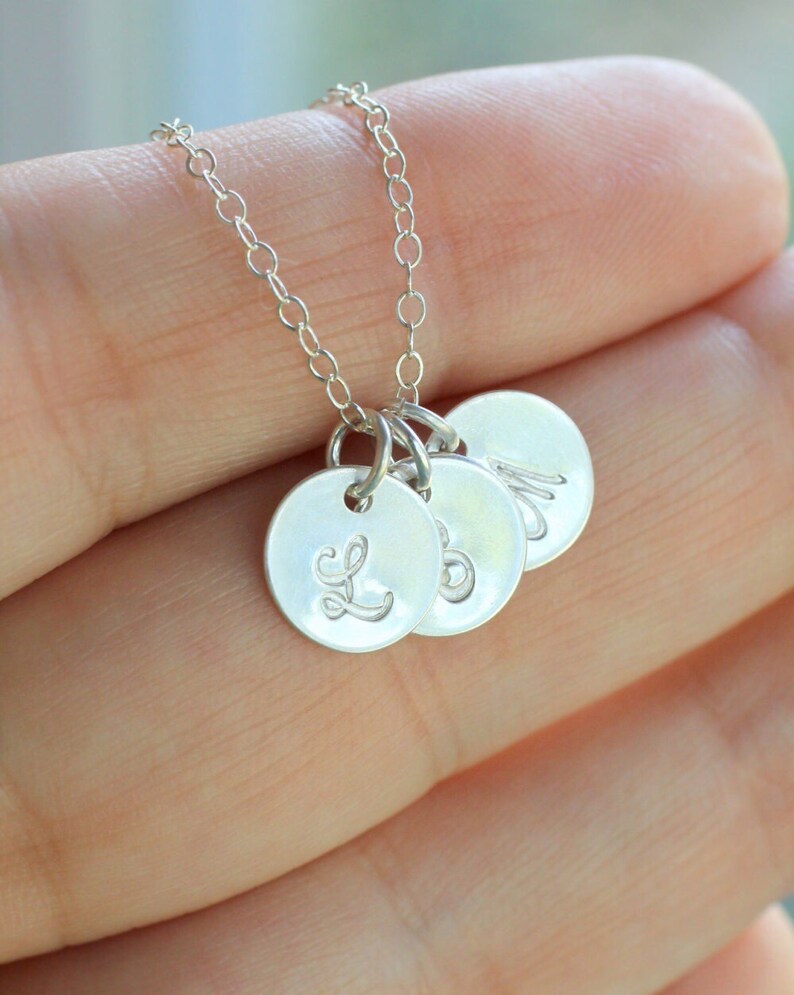 Mother's Necklace, Personalized Necklace, Initial Necklace, Three Initial Necklace, MOM Necklace, Sterling Silver Hand stamped Discs, Dainty image 2