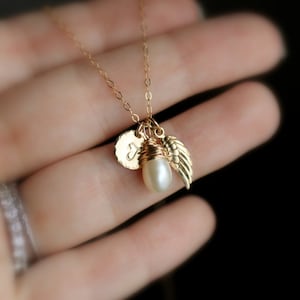 ANGEL WING Necklace, Guardian Angel Necklace, Birthstone In Memory, Personalized Gift GOLD Initial Charm, Remembrance Necklace Sympathy Gift