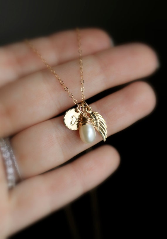 ANGEL WING Necklace, Guardian Angel Necklace, Birthstone In Memory, Personalized Gift GOLD Initial Charm, Remembrance Necklace Sympathy Gift