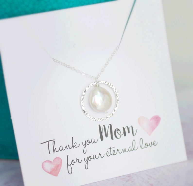 Mother of the Bride Gift, Mom Necklace, Wedding Jewelry Mother of the Groom Gift, Sterling SILVER Eternity Circle, Pearl Necklace, Thank you image 2