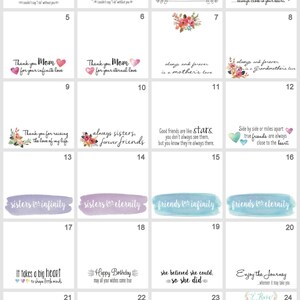 May include: A set of 24 printable cards with watercolour floral designs and various text messages. The cards feature phrases like "Thank you for being my bridesmaid", "Always sisters, forever friends", "Good friends are like stars", and "Enjoy the journey, wherever it may take you".