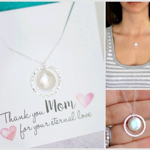 Mother of the Bride Gift, Mom Necklace, Wedding Jewelry Mother of the Groom Gift, Sterling SILVER Eternity Circle, Pearl Necklace, Thank you image 1