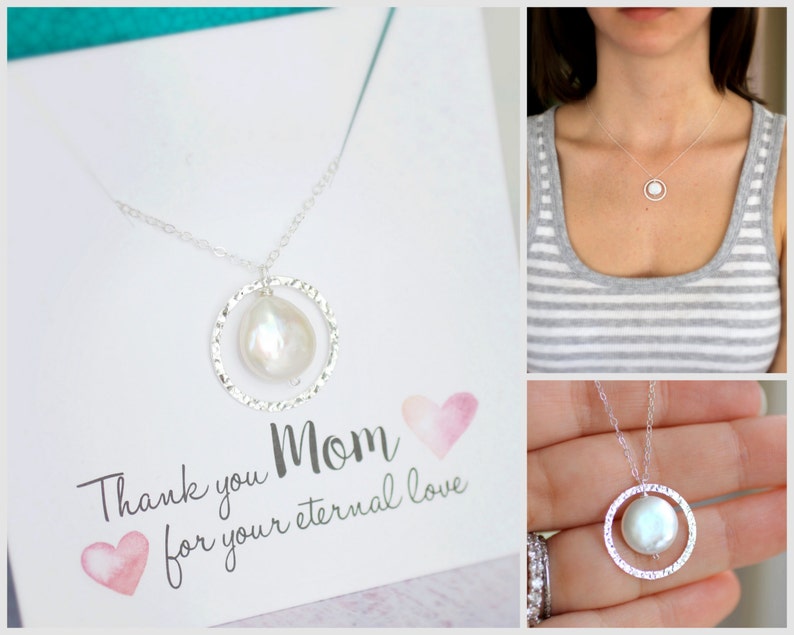 Mother of the Bride Gift, Mom Necklace, Wedding Jewelry Mother of the Groom Gift, Sterling SILVER Eternity Circle, Pearl Necklace, Thank you image 1