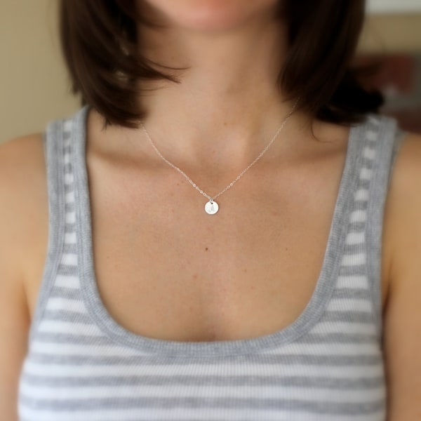 Silver Initial Necklace, Tiny Initial Charm, Hand Stamped Letter, Cursive Monogram, Personalized Gift, Simple Mom Necklace, New Mom, Initial