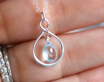 Collar de aguamarina, Collar infinito, Collar de aguamarina (piedra natal de marzo), Cumpleaños de marzo, Piedra natal de marzo, Colgante de lágrima, Collar para mamá
