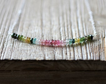 Tourmaline Necklace OMBRE October Birthstone, October Birthday Gift, Watermelon tourmaline, Rainbow Multi color, Sterling Silver, Row Linear