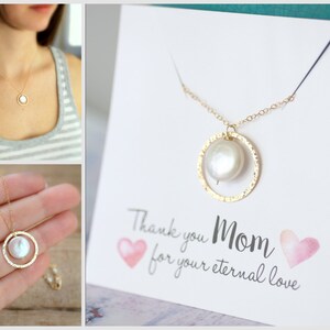 Mother of the Bride Gift, Mother's Necklace, Mother of the Groom Gift, GOLD Eternity Necklace, Circle Pendant, Pearl Necklace, Gift for MOM image 2