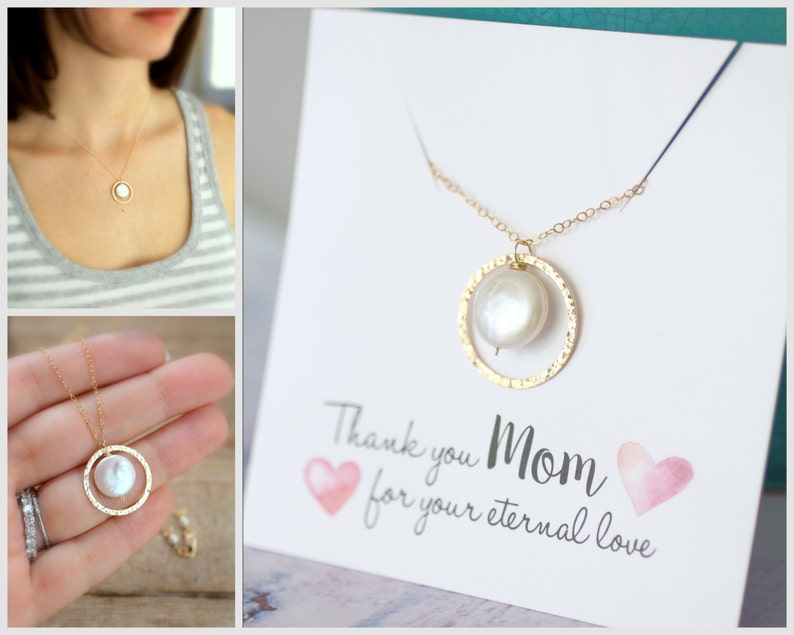 Mother of the Bride Gift, Mother's Necklace, Mother of the Groom Gift, GOLD Eternity Necklace, Circle Pendant, Pearl Necklace, Gift for MOM image 2