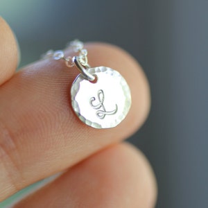 Tiny Silver Initial Necklace, Personalized Mothers Necklace, Sterling Silver Disc Hammered Edge, Layering Necklace Minimal Everyday Necklace