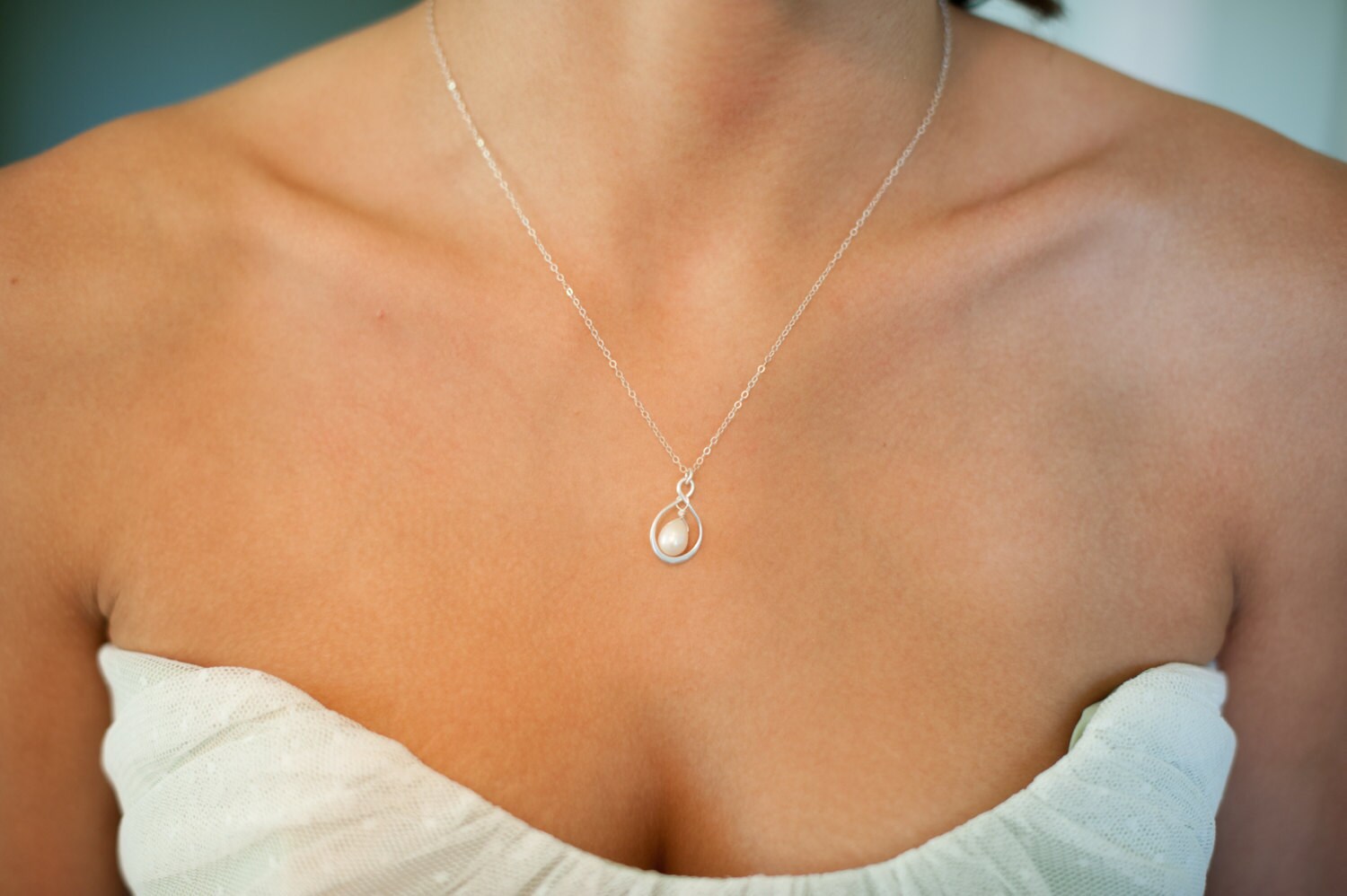 Infinity Necklace, Silver Infinity Pendant Necklace with Teardrop Pearl, Eternity Necklace, Delicate, Simple Charm,  Bridesmaid Necklace