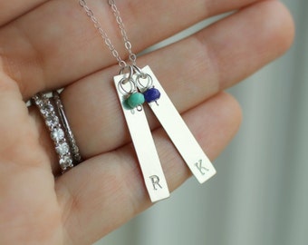 Mom Necklace, Initial Bar Necklace, Initial Charm, Long Bar, Custom Birthstone, 2 Initials, Two Children, Personalized Gift, Sterling Silver