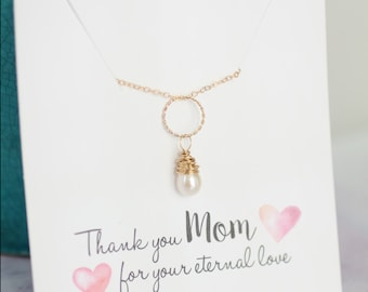 Mother of the Bride Gift, Gold Pearl Necklace, Mom Necklace, Eternity Necklace, Circle Pendant, Teardrop Pearl Freshwater Pearl Ivory Pearl