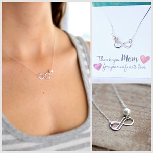 Mother of the Bride Gift, Mom Necklace, Infinity Necklace, Infinity Necklace, Pearl or Custom Birthstone, Thank you Gift, Mother's Gift image 1