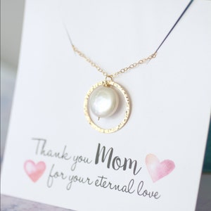 Mother of the Bride Gift, Mother's Necklace, Mother of the Groom Gift, GOLD Eternity Necklace, Circle Pendant, Pearl Necklace, Gift for MOM image 1