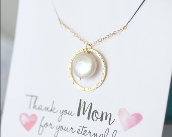 Mother of the Bride Gift, Mother's Necklace, Mother of the Groom Gift, GOLD Eternity Necklace, Circle Pendant, Pearl Necklace,  Gift for MOM