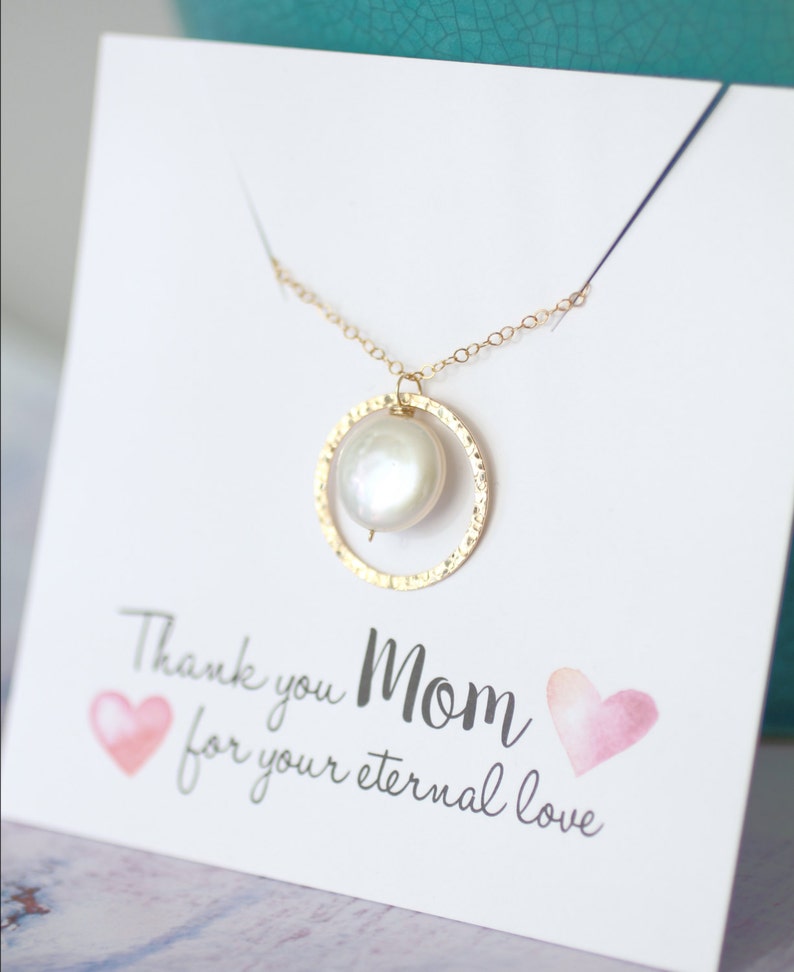 Mother of the Bride Gift, Mother's Necklace, Mother of the Groom Gift, GOLD Eternity Necklace, Circle Pendant, Pearl Necklace, Gift for MOM image 1