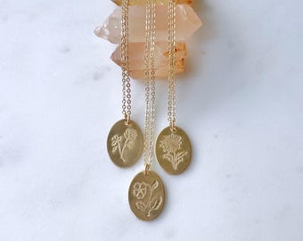 Birth flower Necklace, Birthday gift for her, New Mom Birthday Gift, Custom Flower Charm, Gold Birth Flower, Oval flower charm 14k gold fill