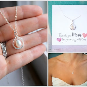 Mother of the Bride Gift, Pearl Wedding Necklace, Mom Wedding Gift, Pearl Infinity Necklace, Freshwater Pearl, Mom Thank you Gift, Silver image 1